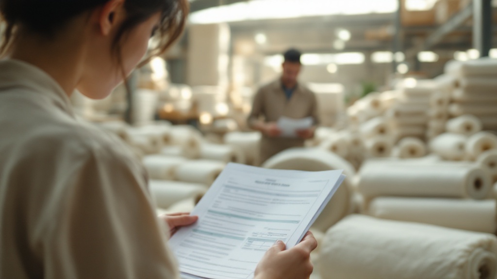 Over-the-shoulder view of someone reviewing documents next to rolls of natural fabric in a warehouse