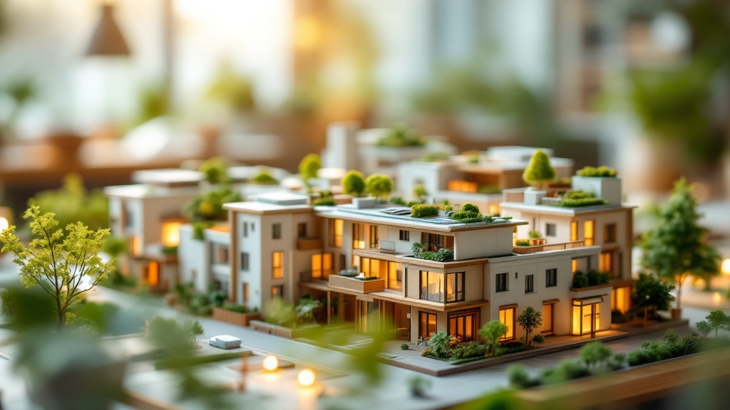Close-up of a scale architectural model featuring green rooftop gardens and solar panels
