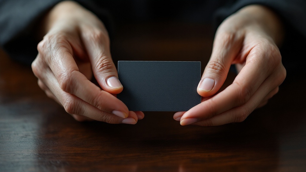 Hands presenting a business card with both hands over a dark lacquered surface