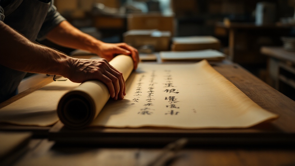 Hands carefully examining aged Japanese calligraphy scrolls on a conservation desk with archival materials in the background