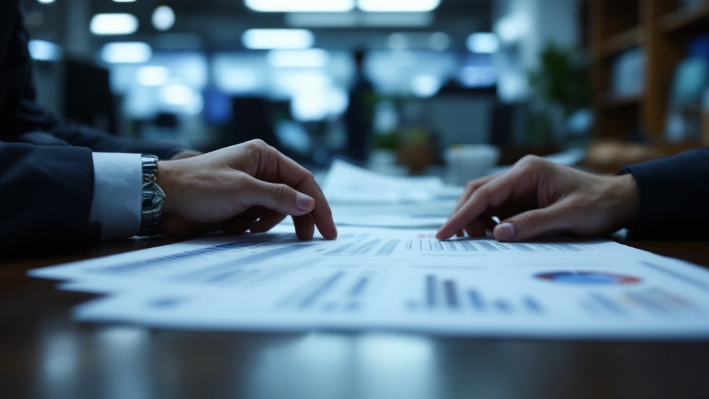 Hands reviewing budget spreadsheets on a desk in a Japanese office