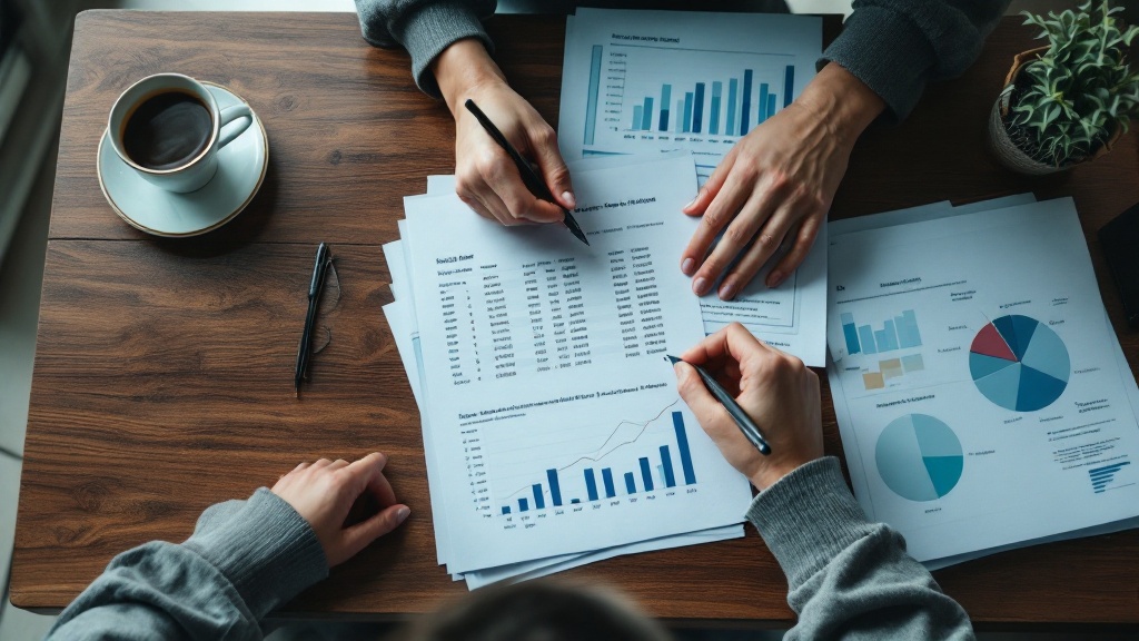 Overhead view of hands reviewing Japanese regulatory documents and financial spreadsheets on a dark desk