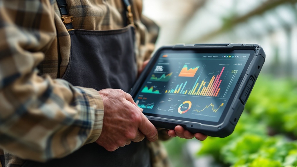 Close-up of a farmer's hands holding a tablet with data visualizations inside a Japanese hydroponic greenhouse