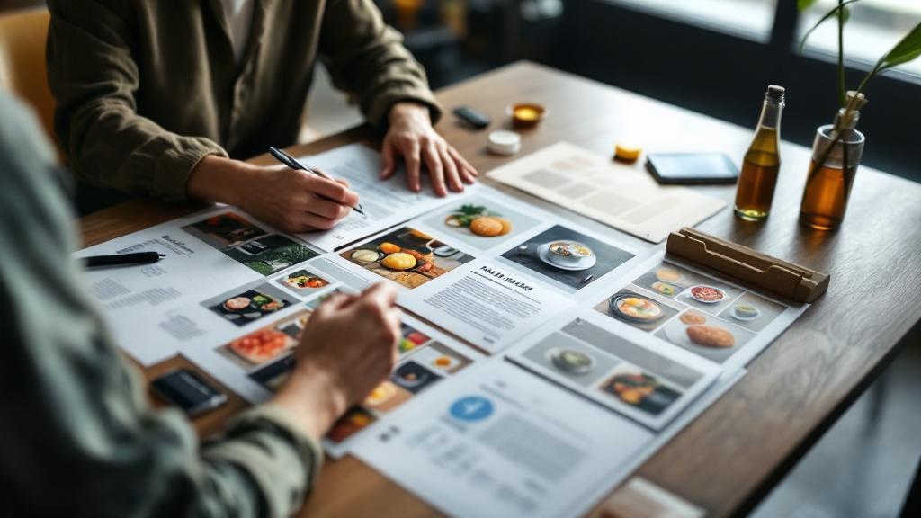 Hands reviewing food product photographs and documents spread on a wooden office table
