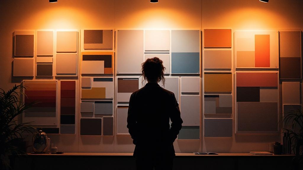 Silhouette of a person reviewing material and color mood boards in a Tokyo design studio