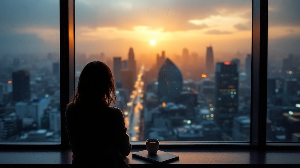 Silhouette looking out at Tokyo skyline through floor-to-ceiling windows at golden hour