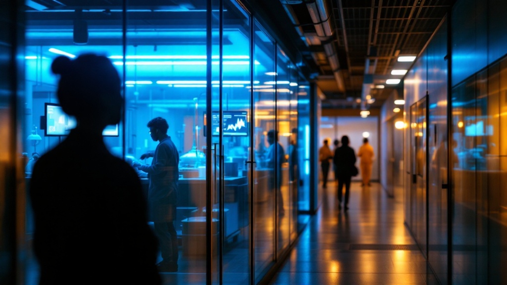 Silhouette looking through glass into a Tokyo food research laboratory at evening