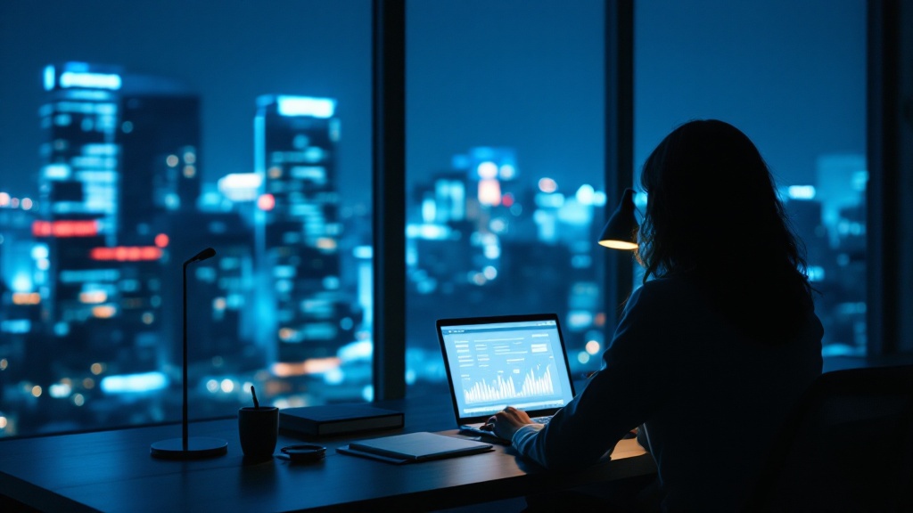 Over-the-shoulder silhouette in a modern Tokyo office at twilight with city lights and warm desk lamp glow