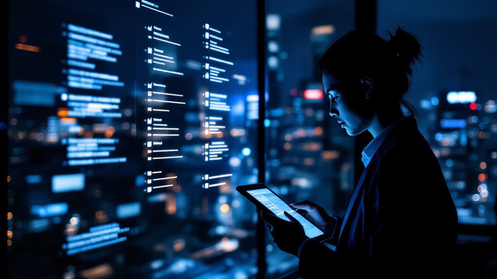 Silhouette of a professional reviewing a tablet in a dark Tokyo office with city lights at night