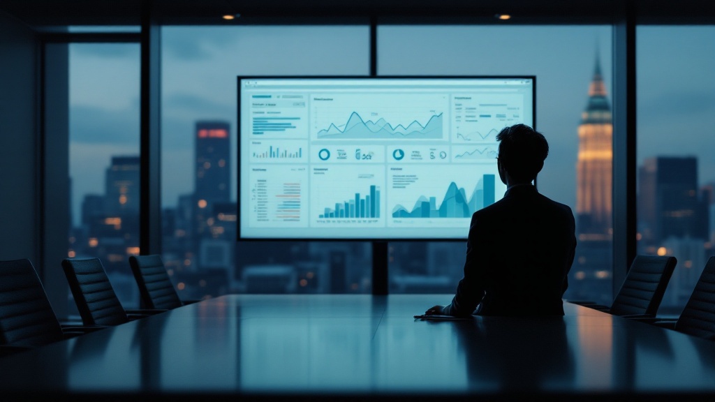 Silhouette reviewing data visualizations in a Tokyo boardroom at dusk