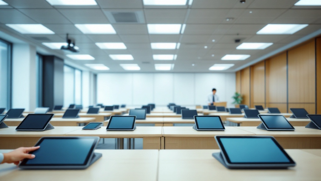 A hand adjusting a tablet in a minimalist Japanese corporate training room with rows of devices on wooden tables