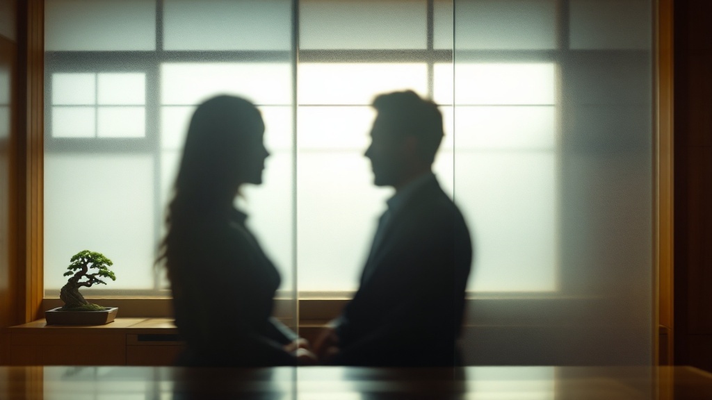 Silhouettes of two professionals behind frosted glass in a Japanese meeting room with cedar panels and shoji screens