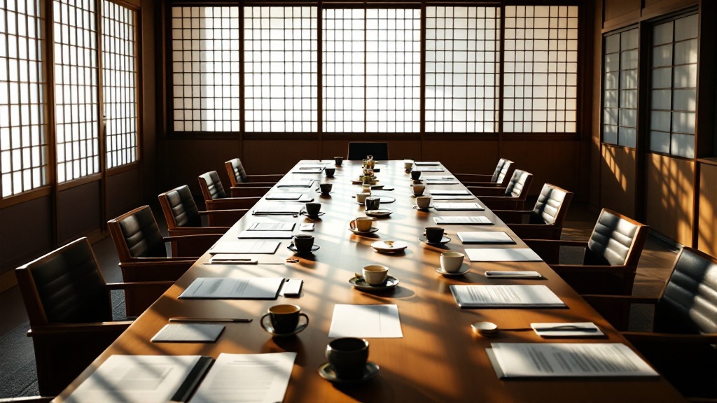 Japanese corporate meeting room with documents spread on table and afternoon light through window blinds