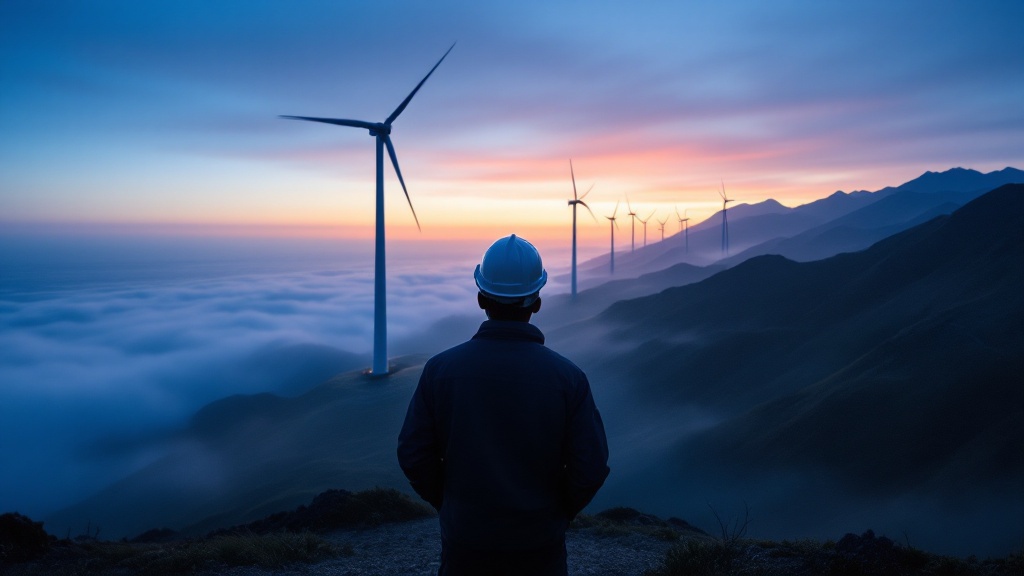 Silhouette of an engineer overlooking wind turbines on a foggy Japanese coastal ridge at dawn
