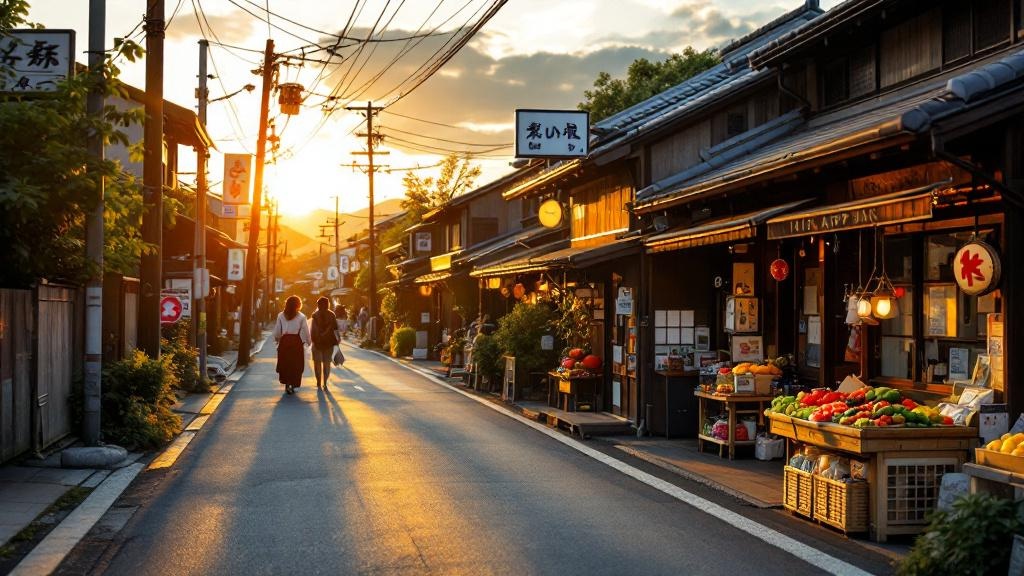 Traditional Japanese village street with local produce stand at golden hour
