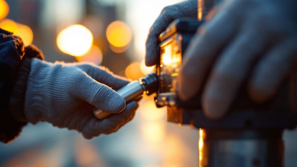 Gloved hands installing a compact IoT sensor on Japanese street infrastructure at dawn