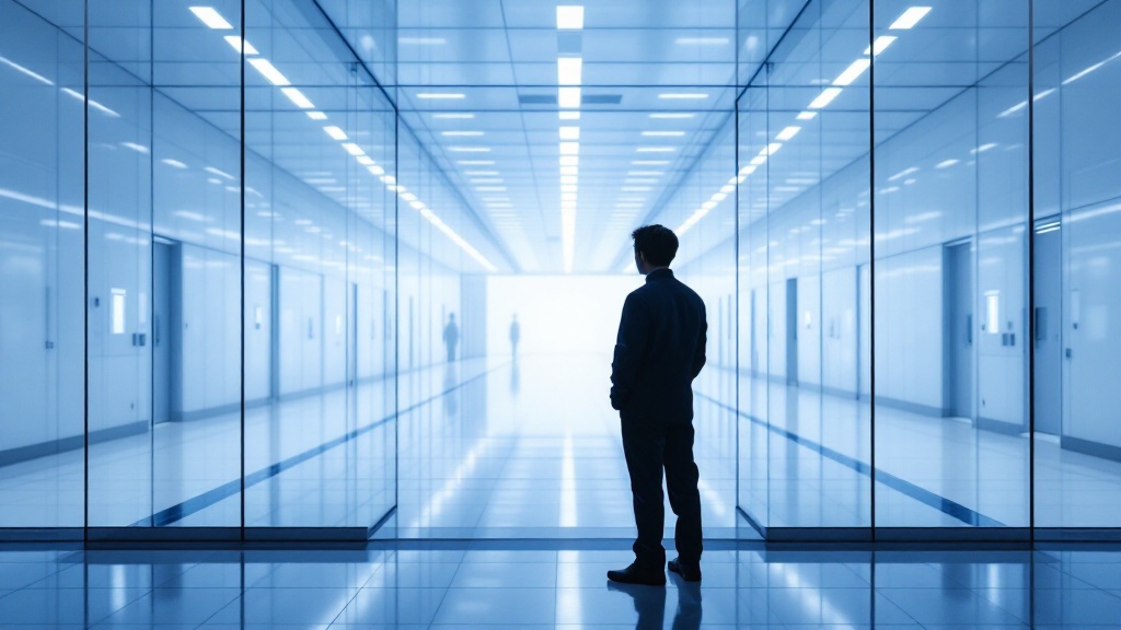 Silhouette looking into a Japanese aerospace testing facility corridor with blue accent lighting