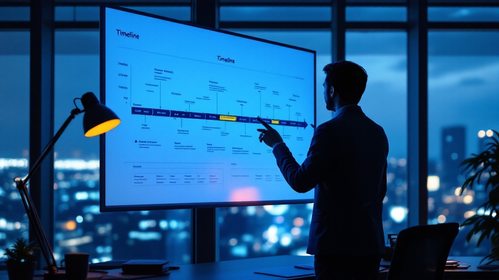 Silhouette of person reviewing a wall-mounted timeline chart in a modern Tokyo office at dusk