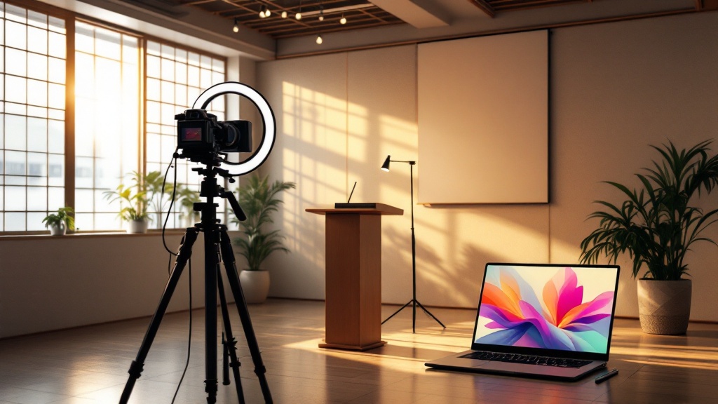 Hybrid event broadcast setup with camera, ring light, and podium in a minimalist Japanese office with soft afternoon light