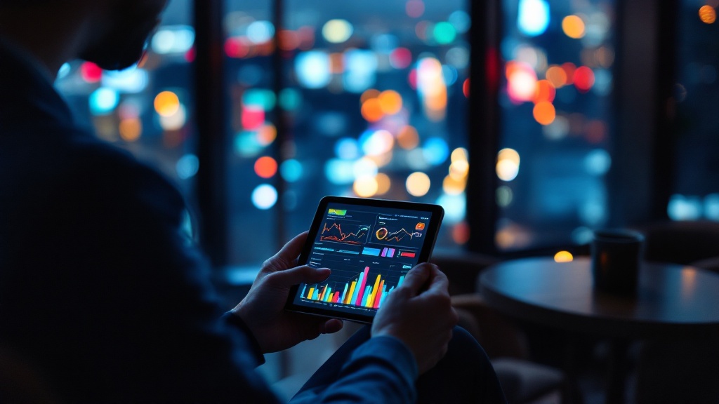Over-the-shoulder view of a person reviewing analytics on a tablet in a Tokyo hotel lounge at night with city bokeh