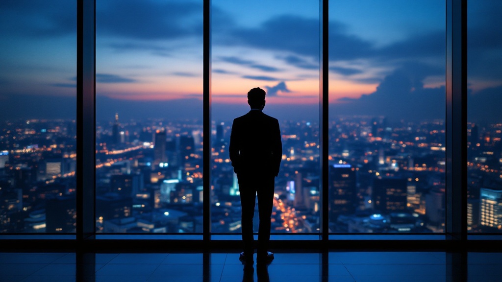 Silhouette of a professional at a Tokyo high-rise window at blue hour overlooking city lights