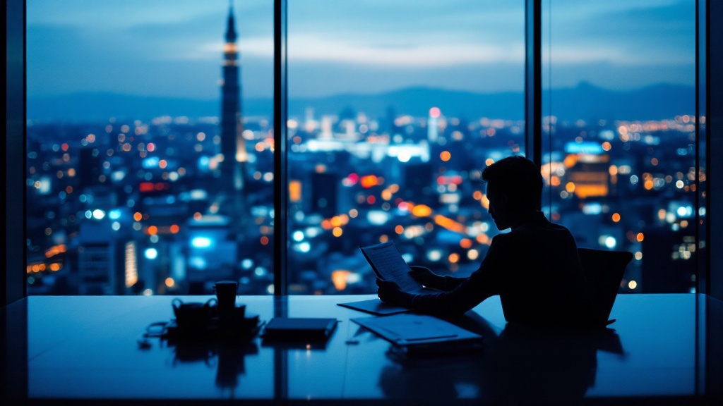 Silhouette of a person reviewing documents at a desk with Tokyo cityscape at dusk in background
