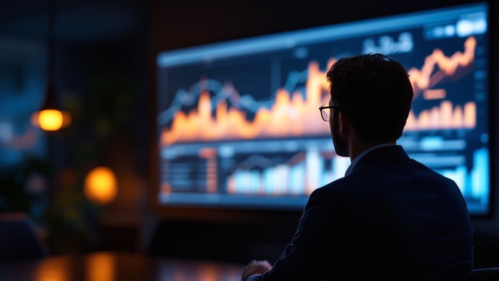 Silhouette of a professional reviewing a presentation with blurred charts in a dim Tokyo boardroom