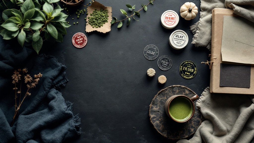 Flat lay of fabric samples, notebook, and certification materials on a dark surface with matcha