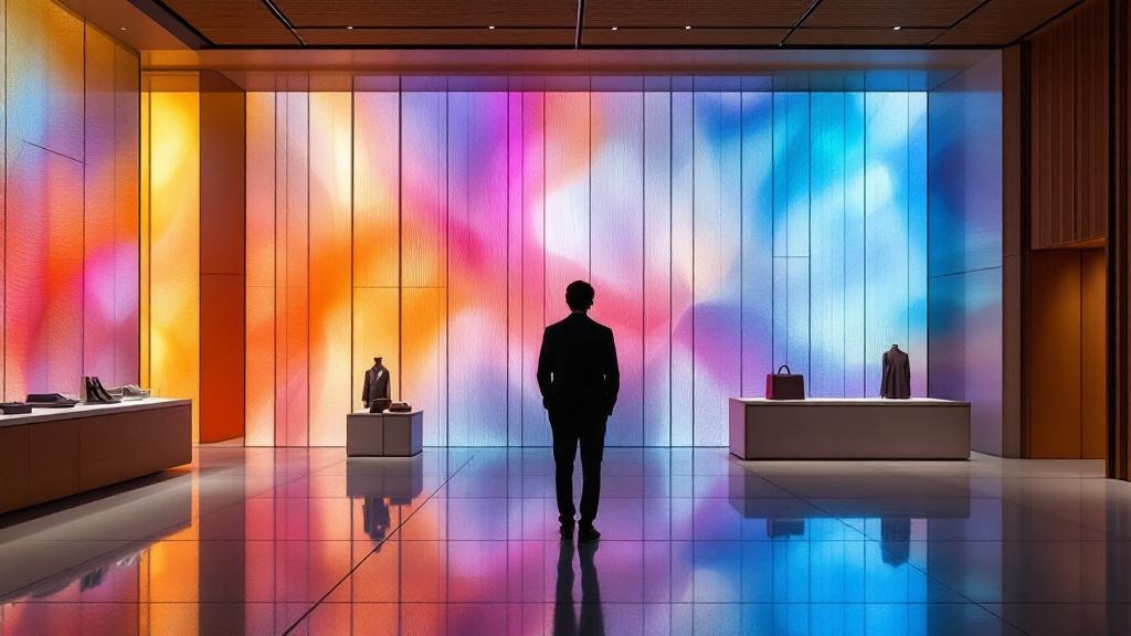 Over-shoulder view of a high-end Tokyo retail store with integrated lighting and digital displays