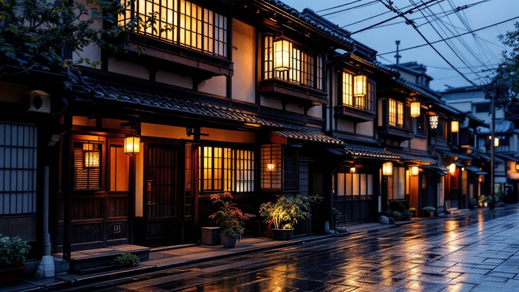 Traditional wooden machiya townhouse in a Kyoto preservation district at blue hour