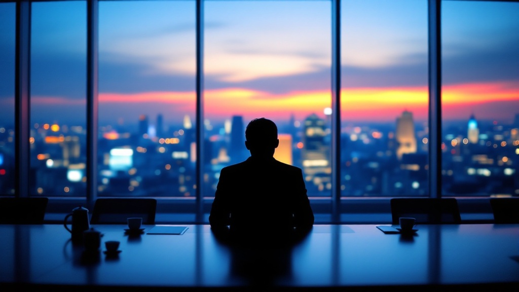 Silhouette overlooking a Tokyo boardroom table at dusk with city lights through windows