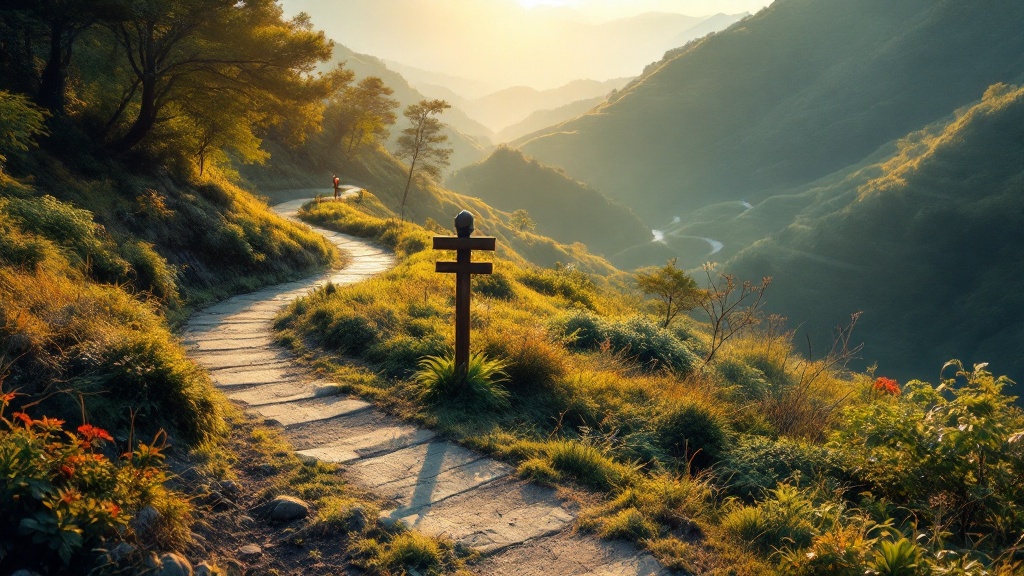A quiet Japanese forest pilgrimage trail with a wooden waymarker post at a fork in the path during golden hour