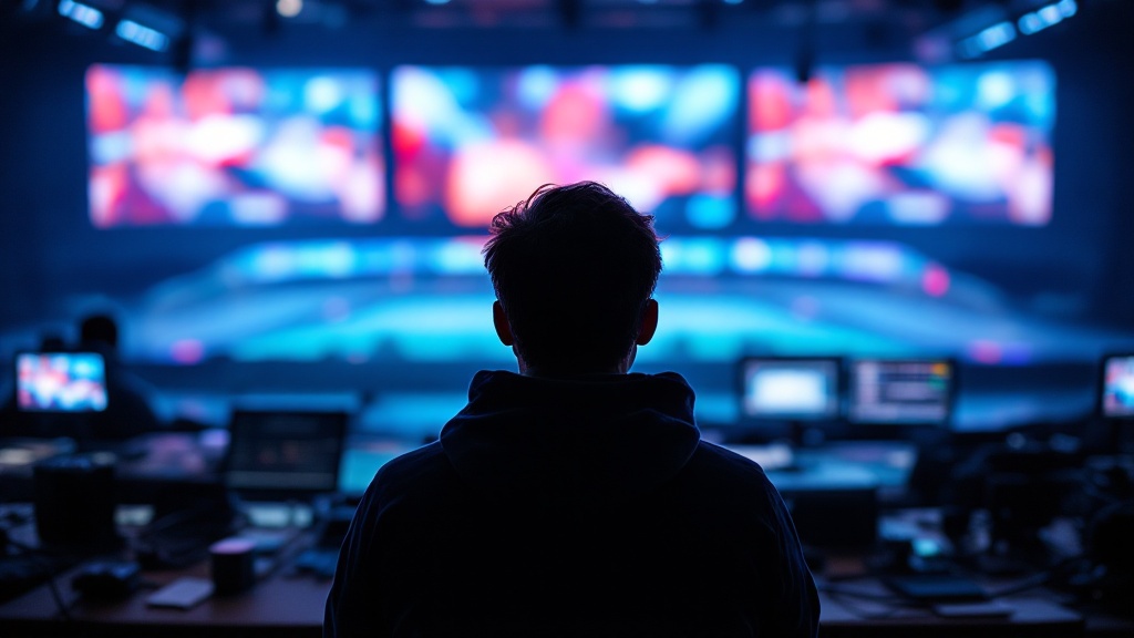 Silhouette overlooking a sports venue broadcast control room with blurred monitors
