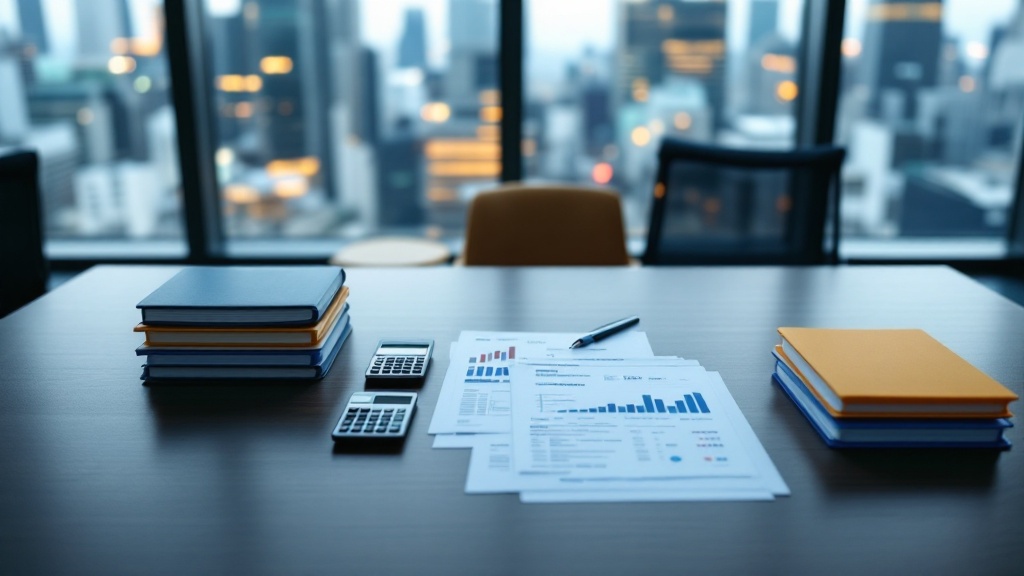 Overhead view of organized budget planning materials on a conference table with Tokyo cityscape in background