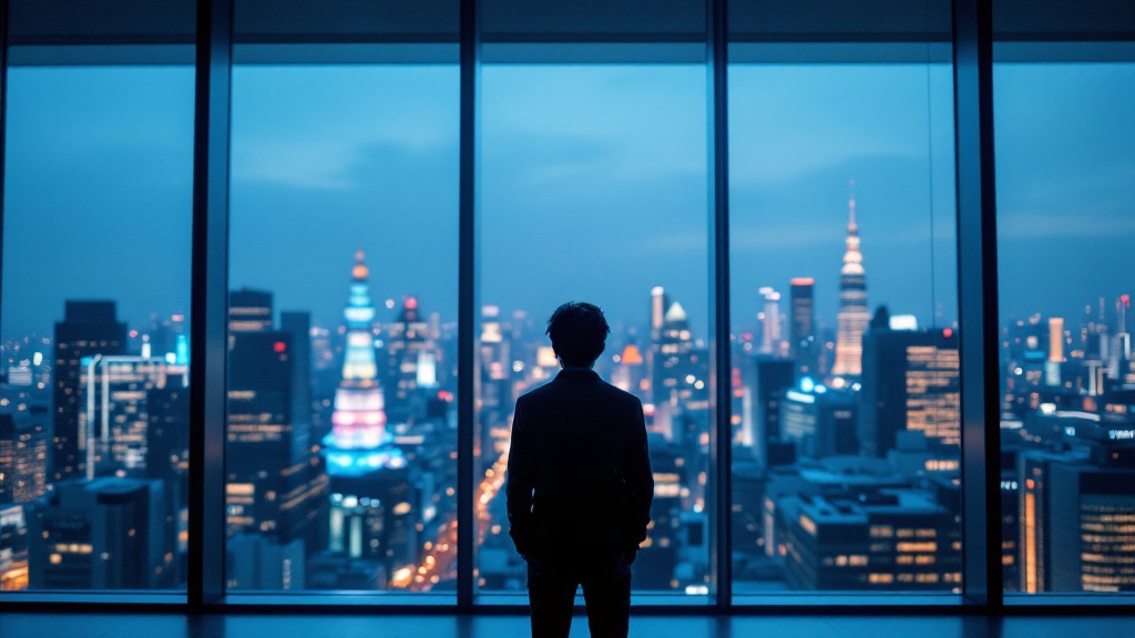 Silhouette of a person looking out over illuminated Tokyo business district at dusk from a modern office