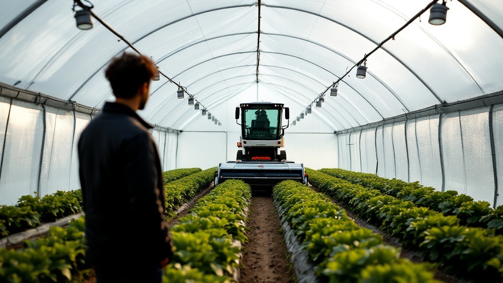 Silhouette of a person watching a robotic harvester operate inside a Japanese strawberry greenhouse